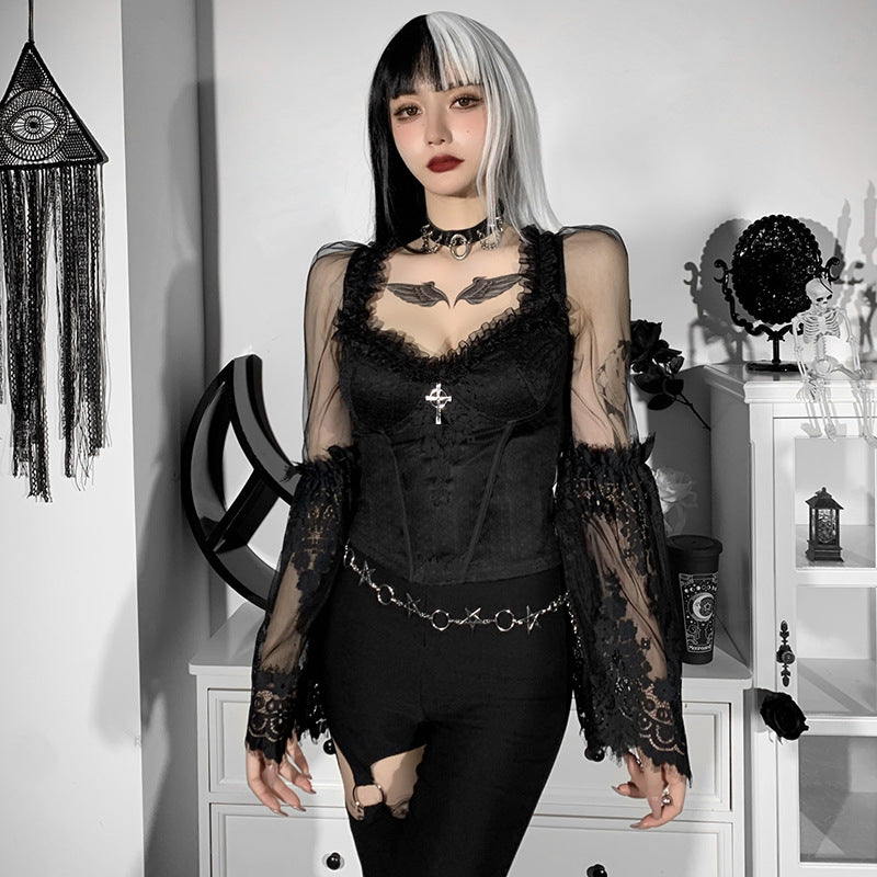 Black Lace Sleeve Gothic Long Sleeve Top HY21507