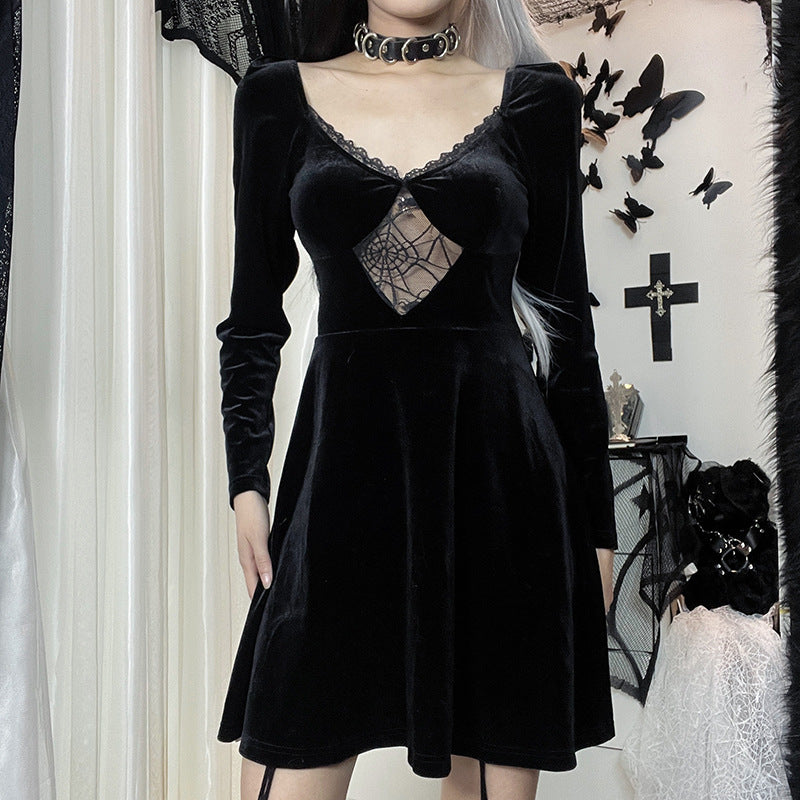 Gothic Style Velvet Spider Web Long Sleeve Dress JY22298