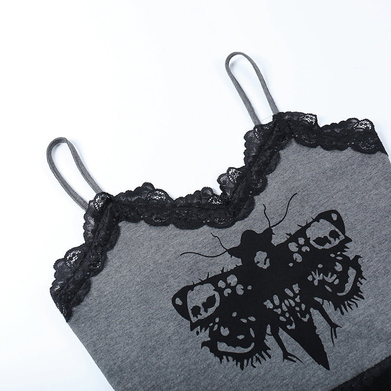 Black Gothic Moth Print Strap Top LL22011