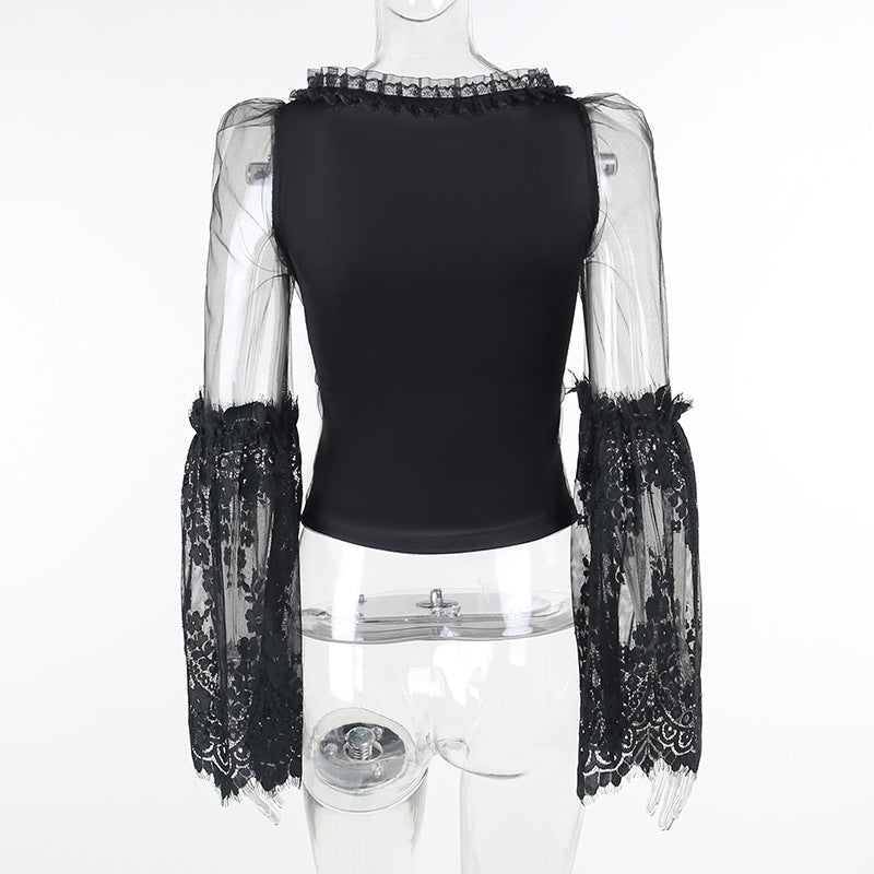 Black Lace Sleeve Gothic Long Sleeve Top HY21507