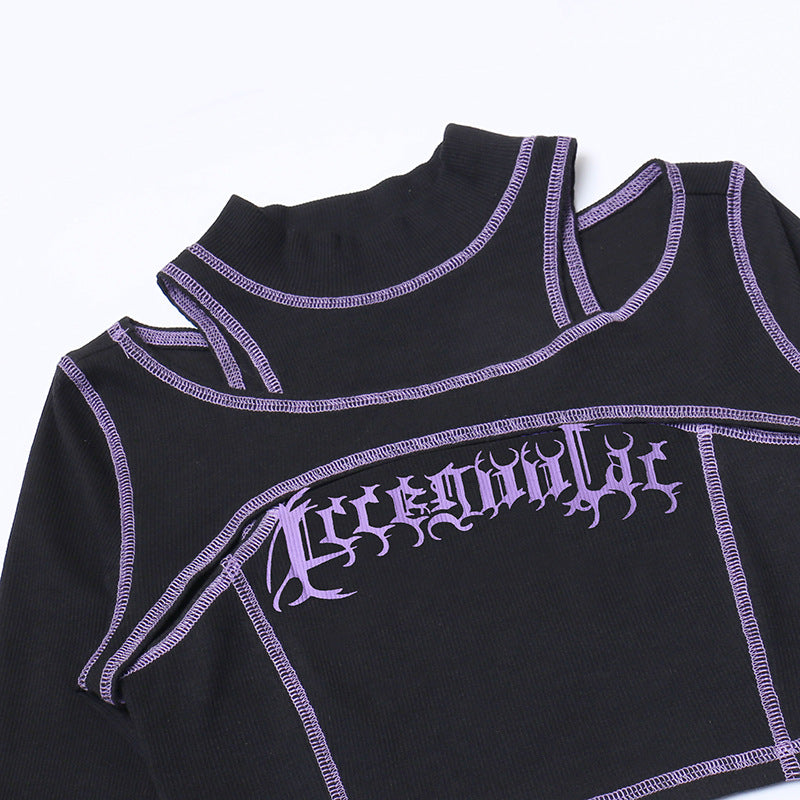 Punk Style Black Long Sleeve Fake Two Piece Crop Top YL22073