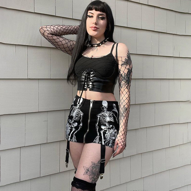 Black Skull Print Gothic Skirt CF23016