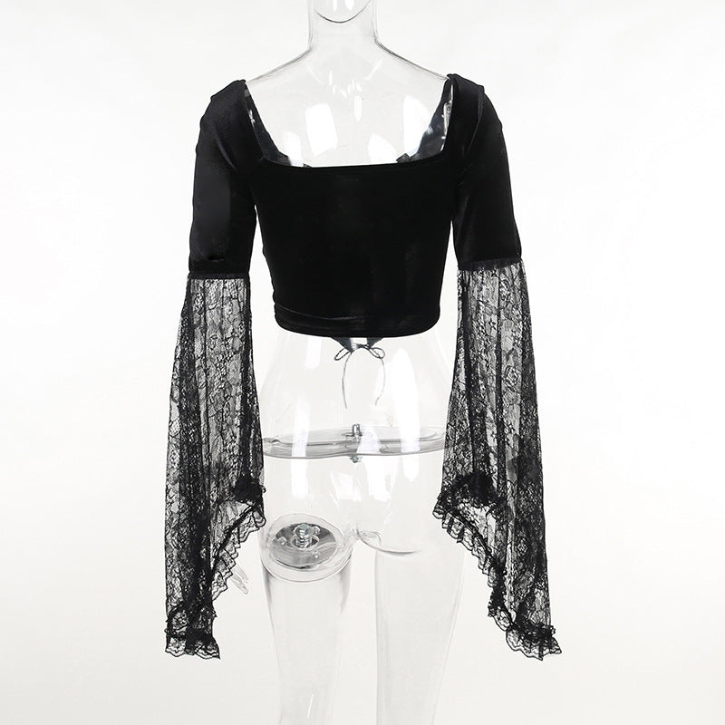 Black Gothic Lace Long Sleeve Corset Crop Top JY22491