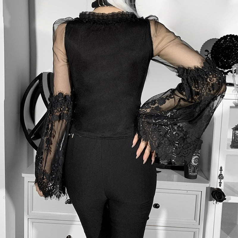 Black Lace Sleeve Gothic Long Sleeve Top HY21507