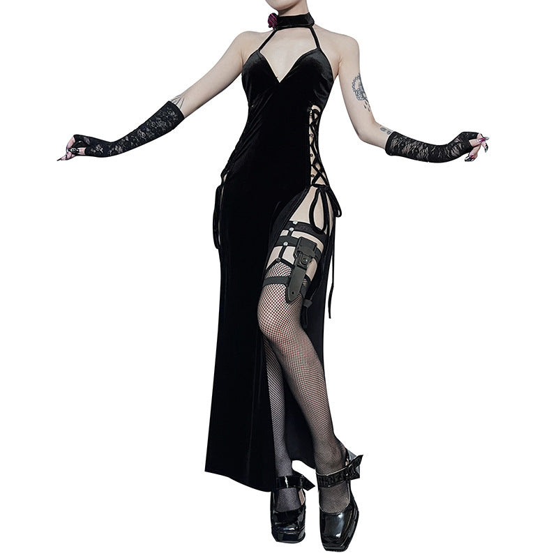 Gothic Necktie Slit Bodycon Dress JY23019