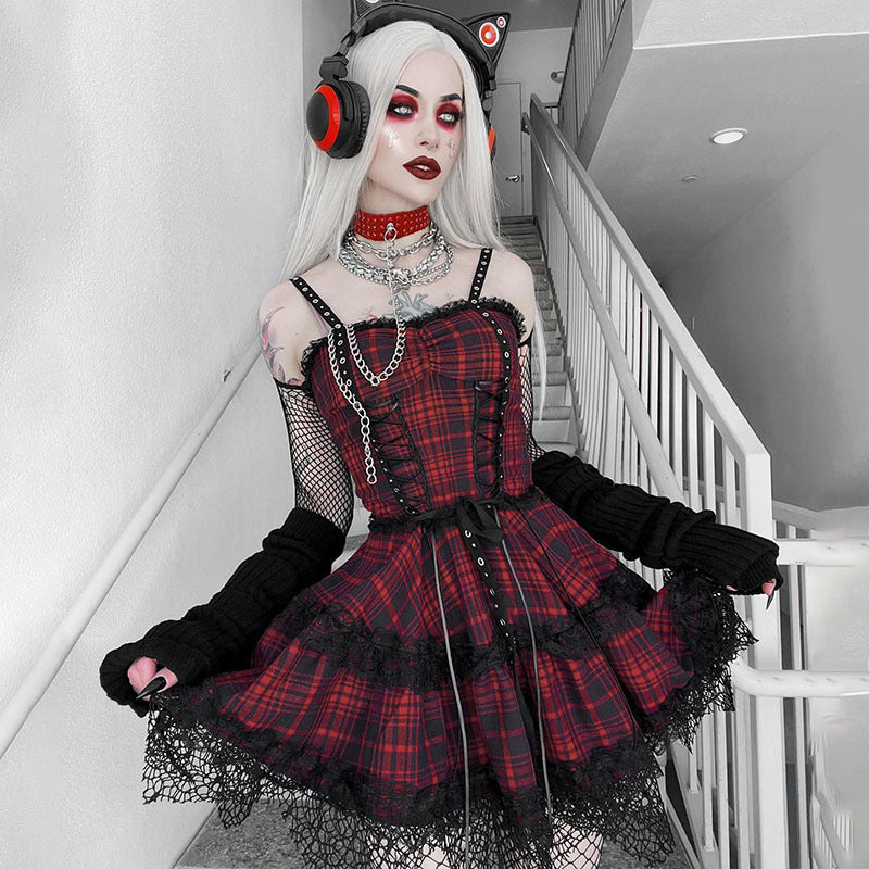 Red Tartan Punk Style Strappy Dress CC22121