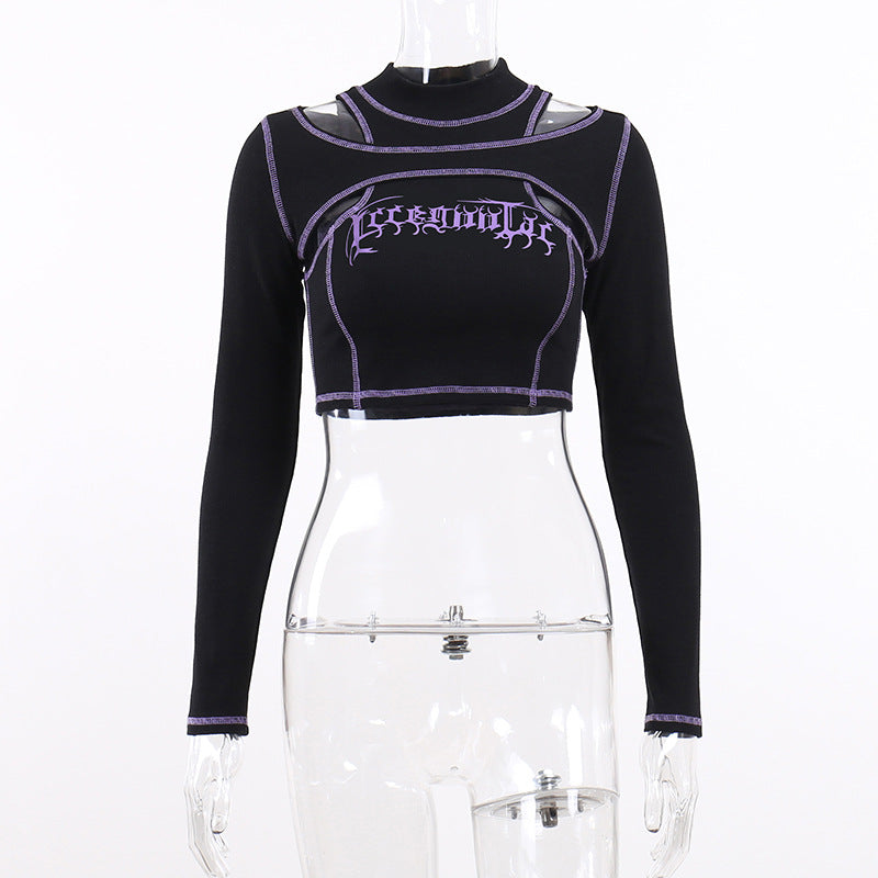 Punk Style Black Long Sleeve Fake Two Piece Crop Top YL22073