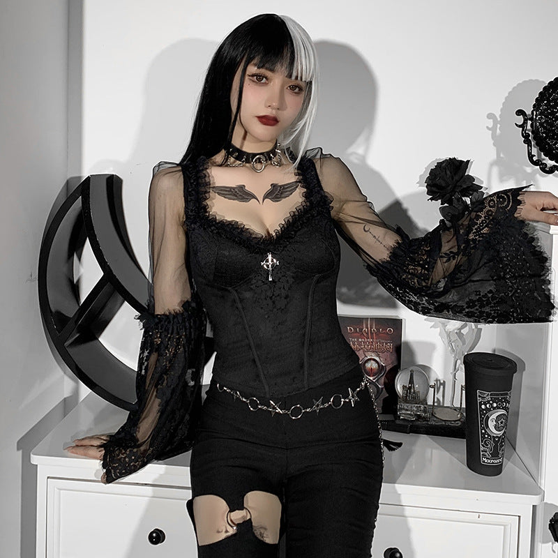 Black Lace Sleeve Gothic Long Sleeve Top HY21507