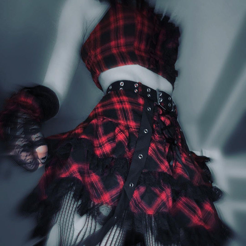 Punk Style Plaid Top & Skirt Set JY21550