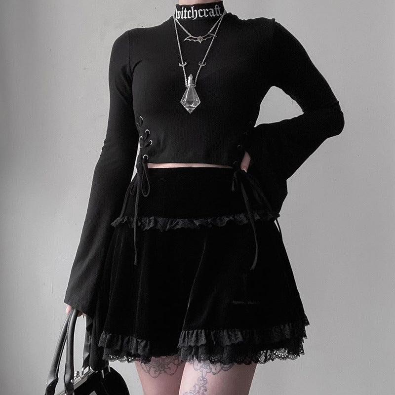 Gothic Edgy black midi skirt 212009