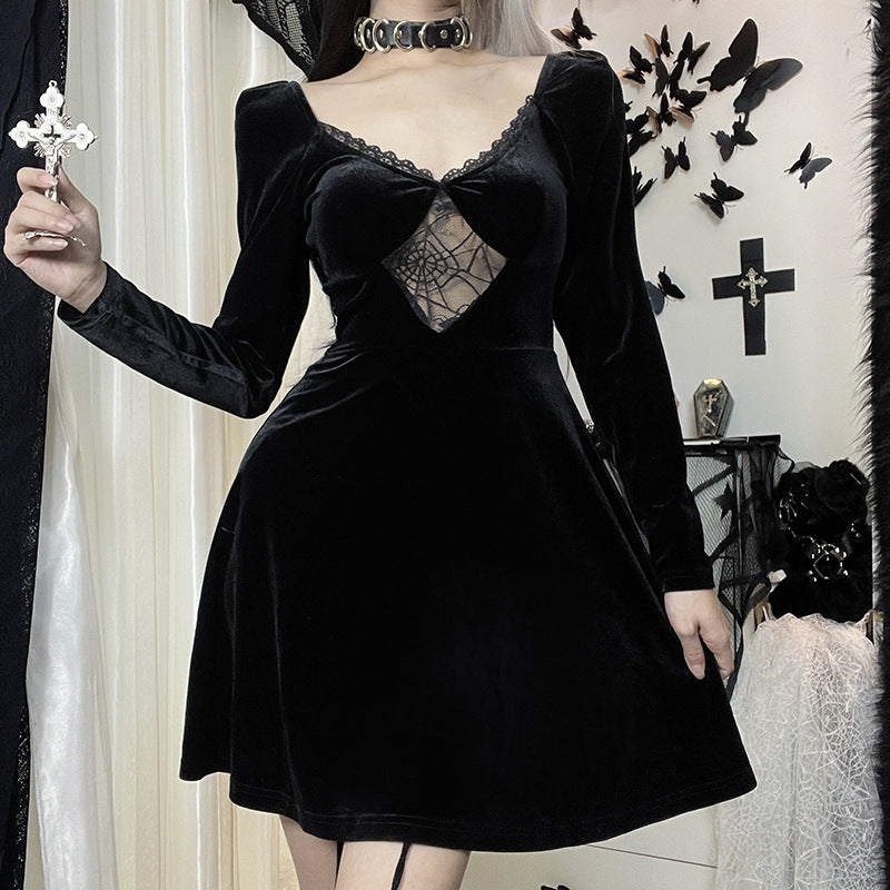 Gothic Style Velvet Spider Web Long Sleeve Dress JY22298