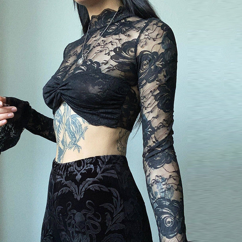 Gothic Black Rose Lace Crop Top CF23079