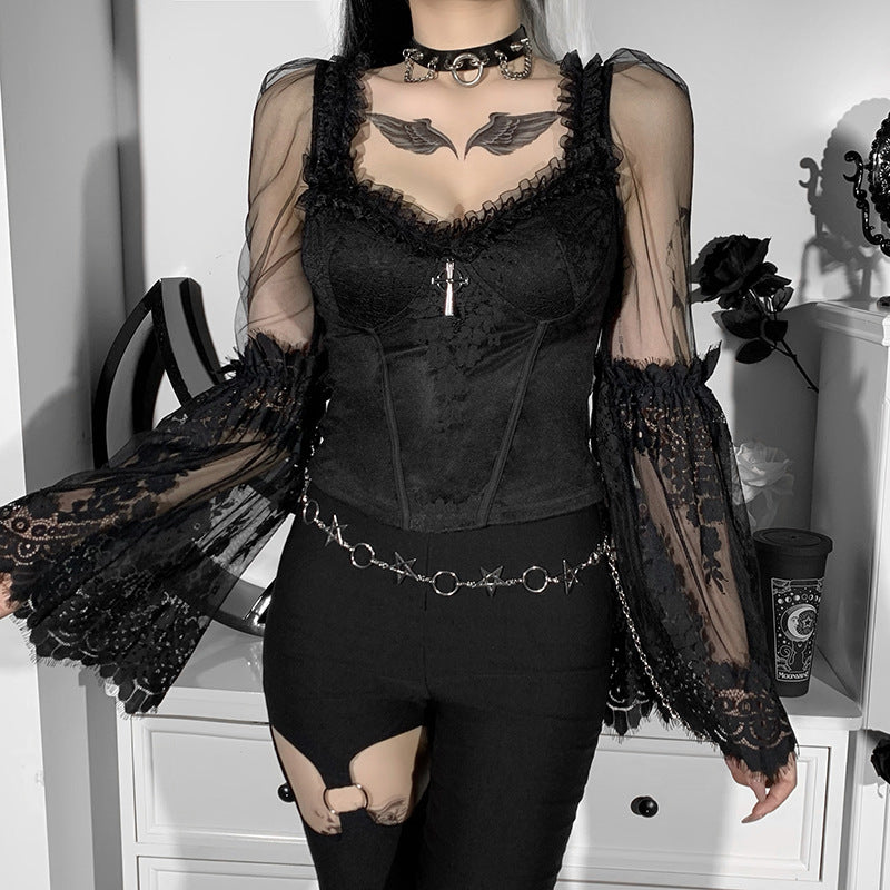 Black Lace Sleeve Gothic Long Sleeve Top HY21507