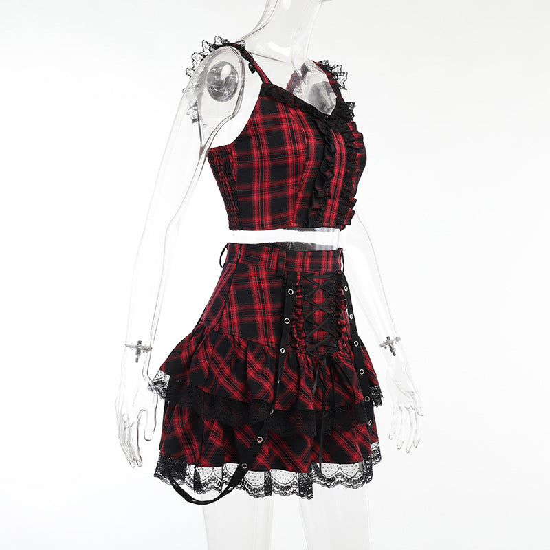 Punk Style Plaid Top & Skirt Set JY21550