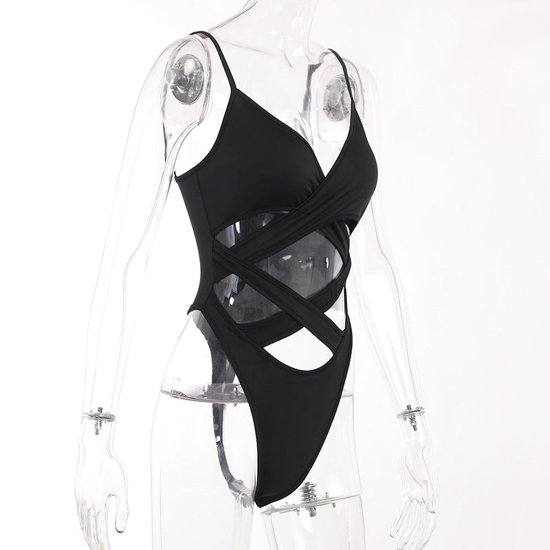Gothic Black Cross Straps Bodysuit WY22041