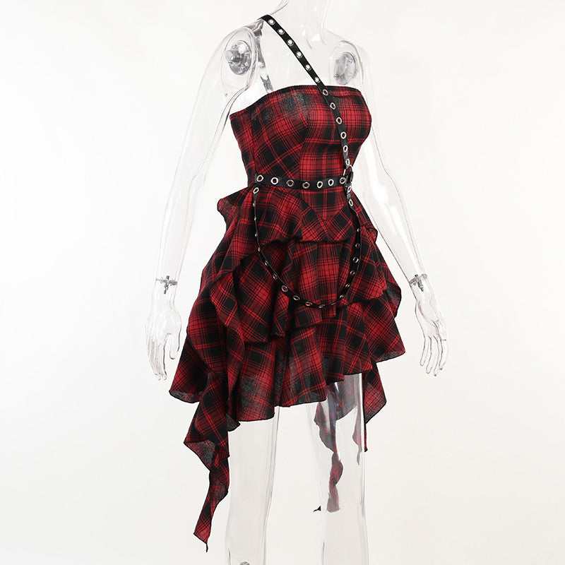 Punk Style Red Plaid Strapless Dress CC22242