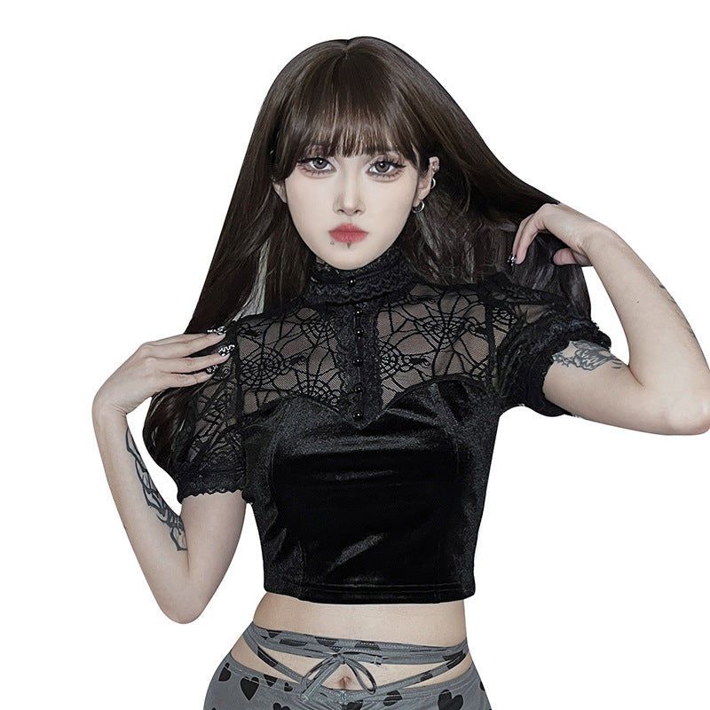 Gothic Spider Web Short Sleeve Crop Top CF23024