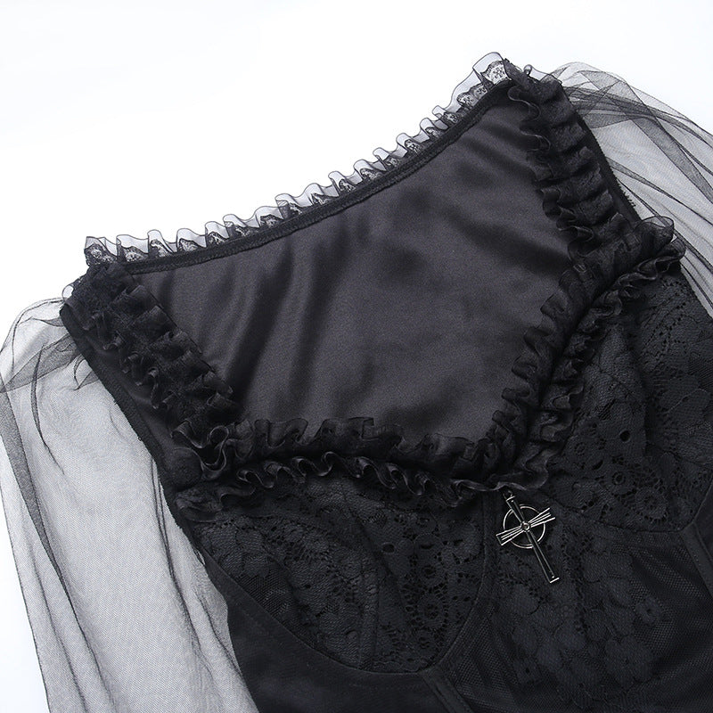 Black Lace Sleeve Gothic Long Sleeve Top HY21507