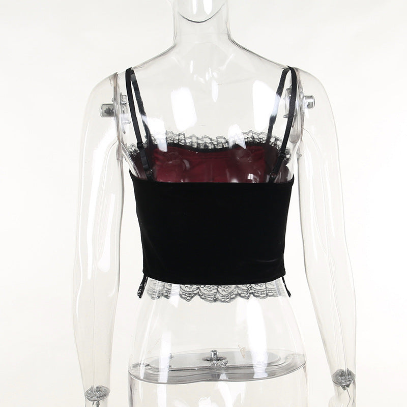 Gothic Style Black & Red Spider Web Cross Strap Top CF22183