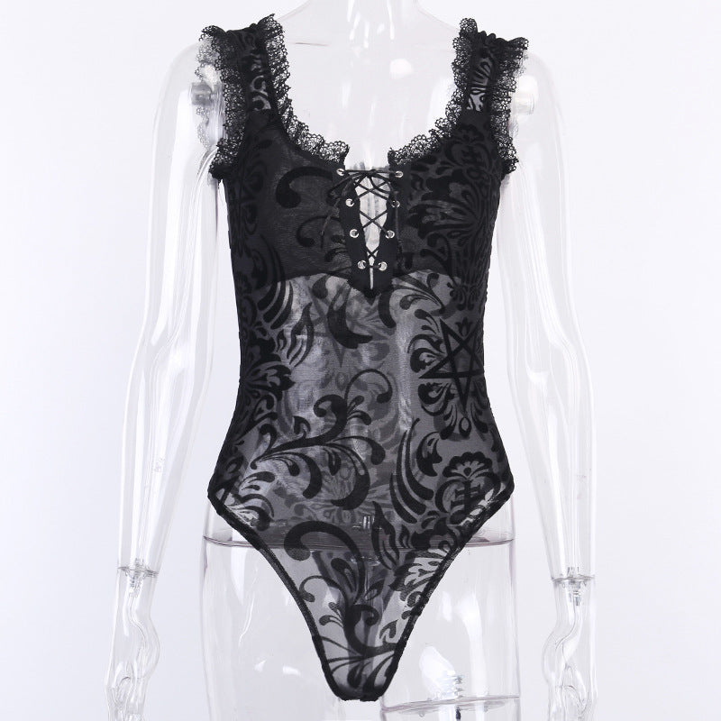 Gothic Black Lace Corset Bodysuit 92360