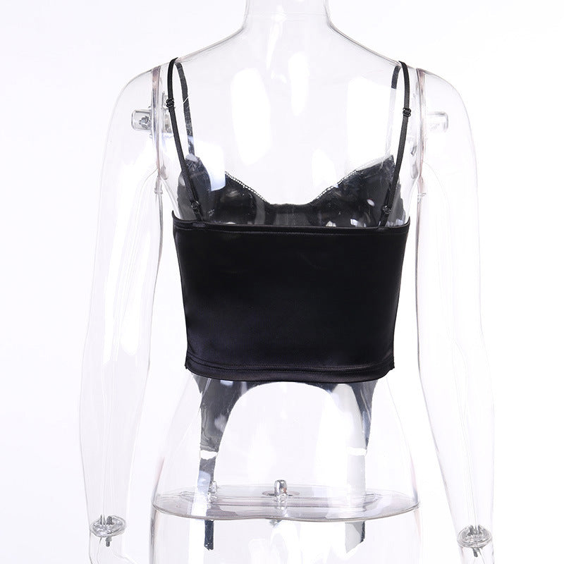 Gothic Black Sexy Satin Lace Camisole with Low-cut Back 26401P