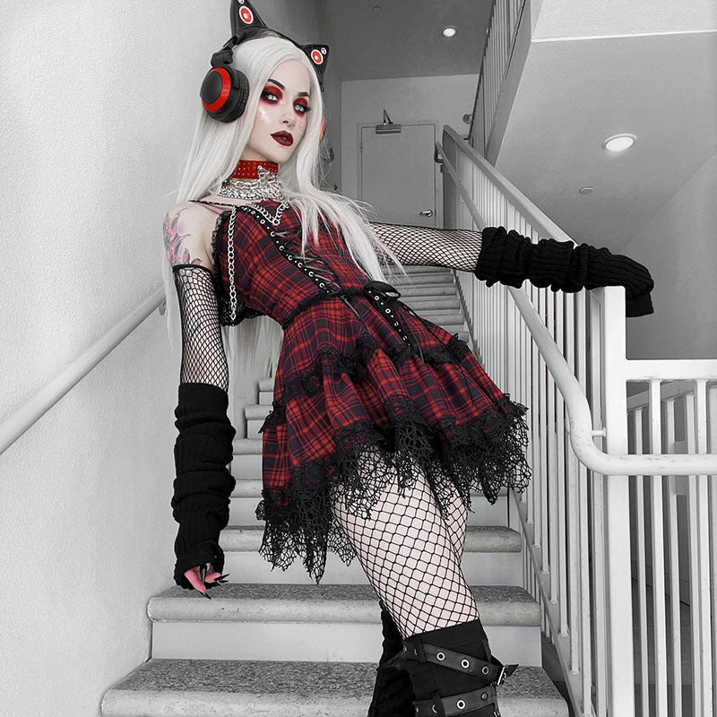 Red Tartan Punk Style Strappy Dress CC22121