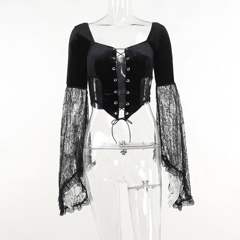Black Gothic Lace Long Sleeve Corset Crop Top JY22491