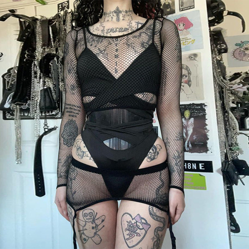 Gothic Black Cross Straps Bodysuit WY22041