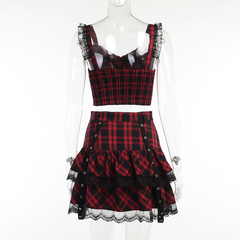 Punk Style Plaid Top & Skirt Set JY21550