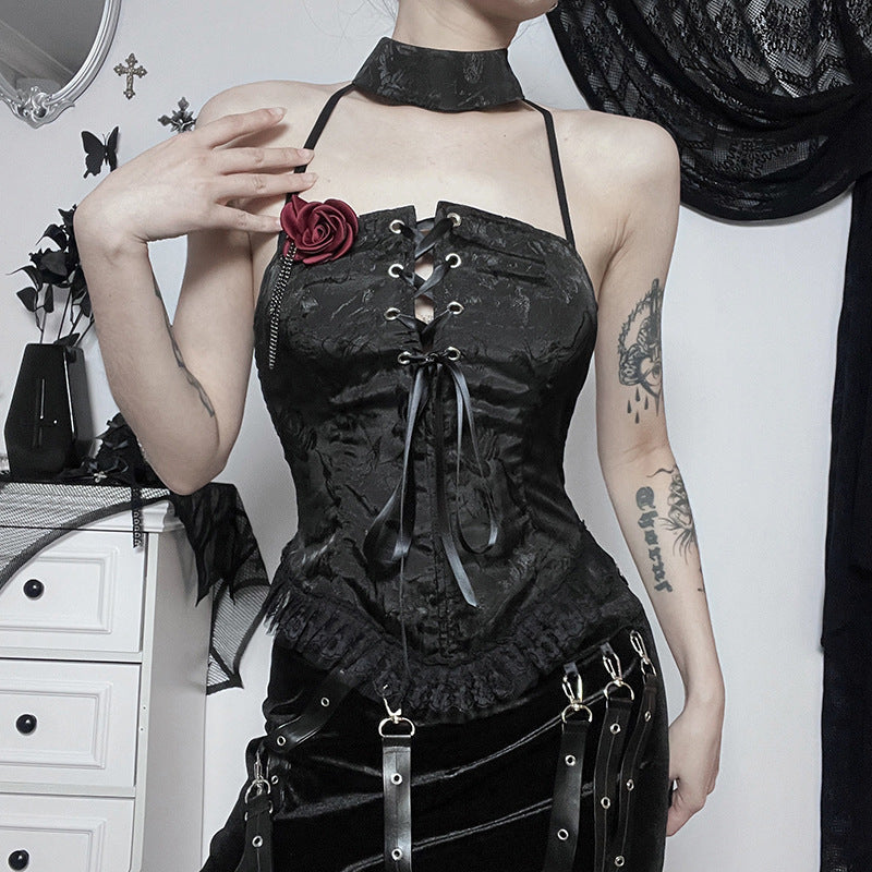Gothic Black Rose Corset Halter Top CF22252