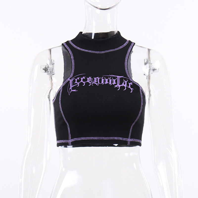 Punk Style Black Long Sleeve Fake Two Piece Crop Top YL22073