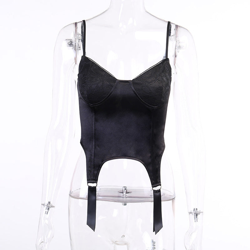 Gothic Black Sexy Satin Lace Camisole with Low-cut Back 26401P