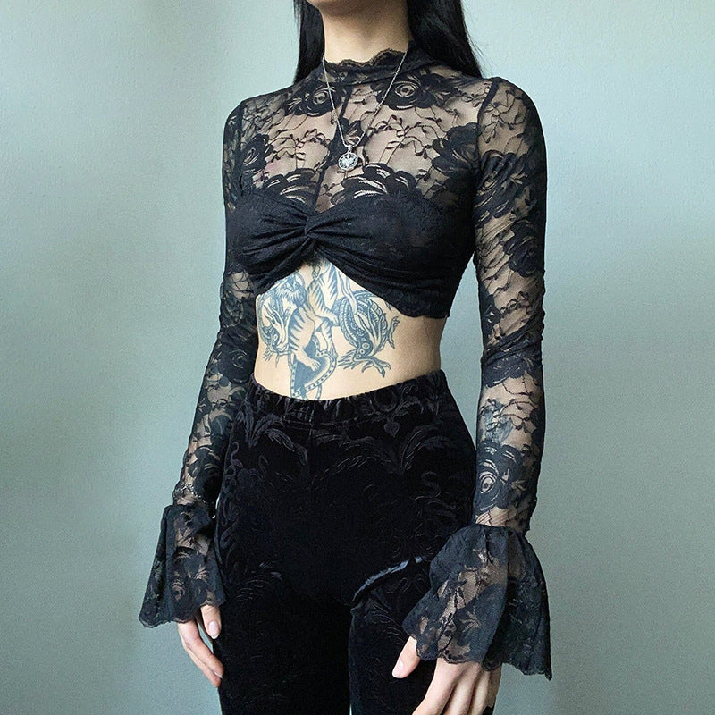 Gothic Black Rose Lace Crop Top CF23079