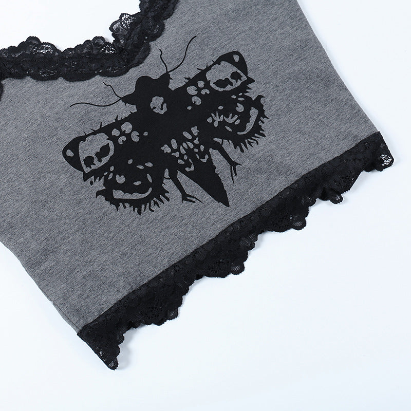 Black Gothic Moth Print Strap Top LL22011