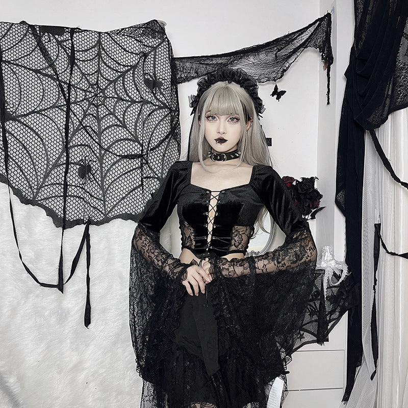 Black Gothic Lace Long Sleeve Corset Crop Top JY22491