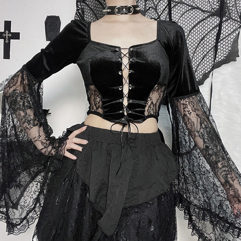 Black Gothic Lace Long Sleeve Corset Crop Top JY22491