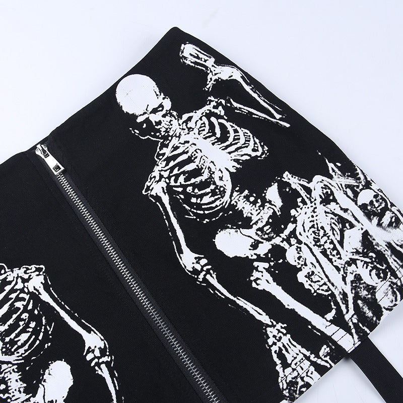 Black Skull Print Gothic Skirt CF23016