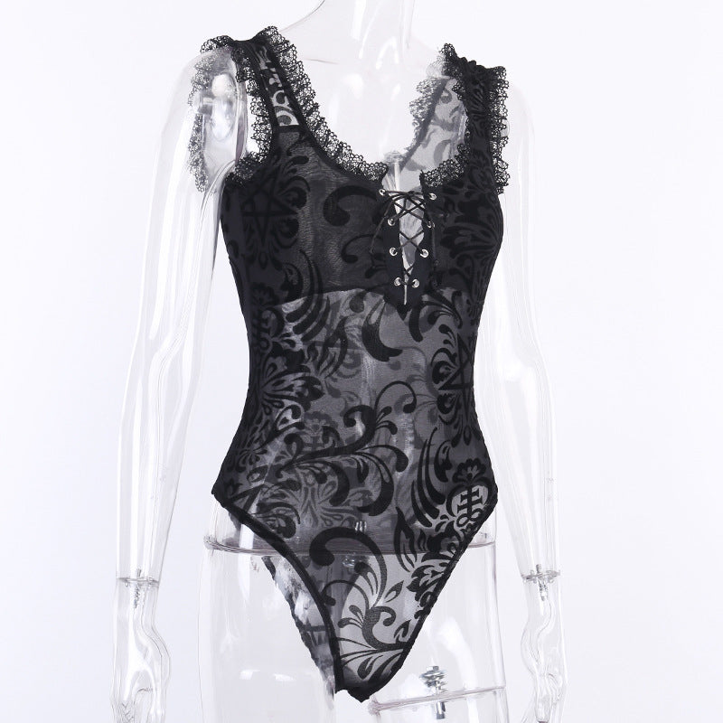 Gothic Black Lace Corset Bodysuit 92360