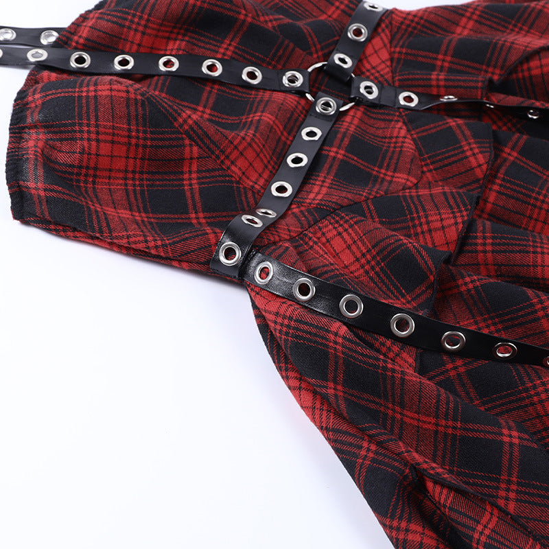 Punk Style Red Plaid Strapless Dress CC22242