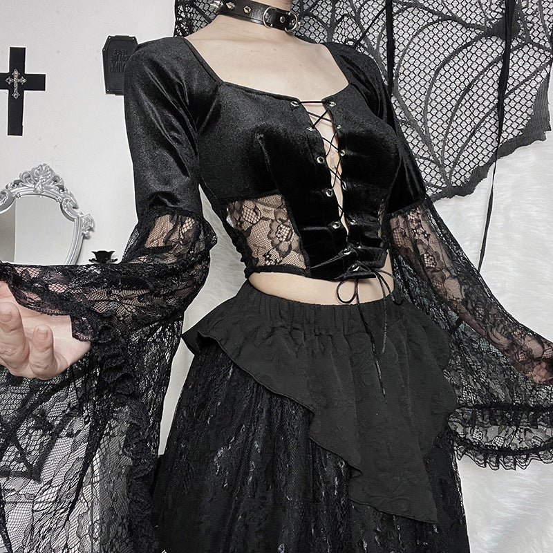 Black Gothic Lace Long Sleeve Corset Crop Top JY22491