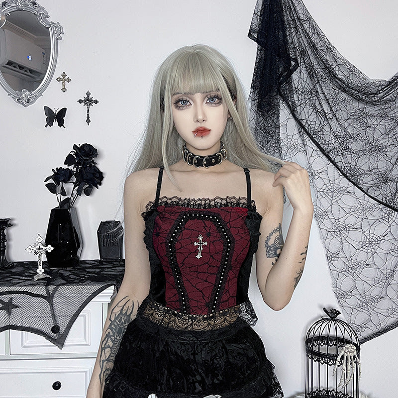 Gothic Style Black & Red Spider Web Cross Strap Top CF22183