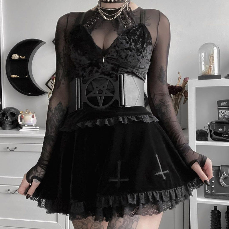 Gothic Edgy black midi skirt 212009