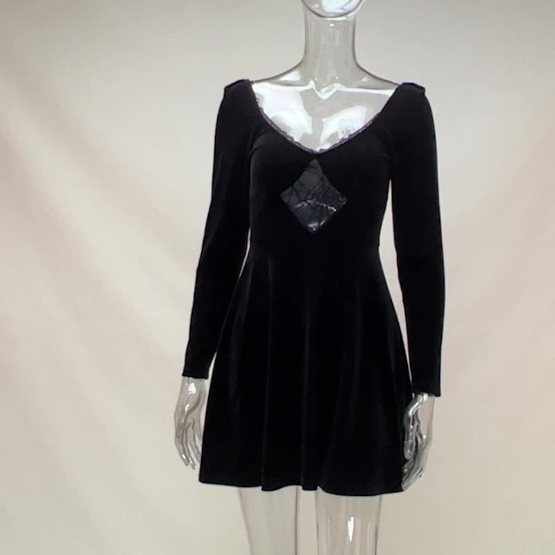 Gothic Style Velvet Spider Web Long Sleeve Dress JY22298