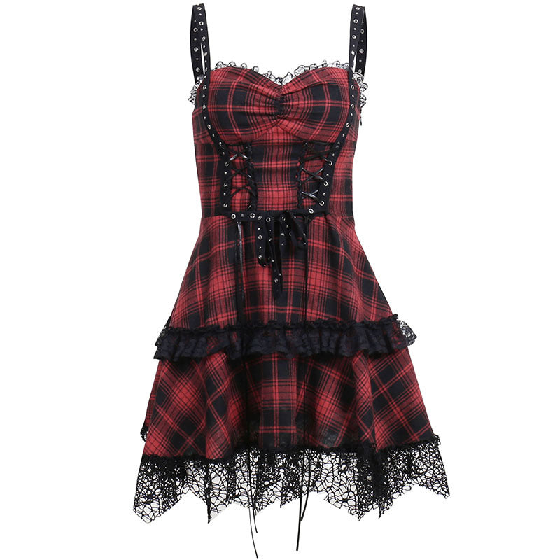Red Tartan Punk Style Strappy Dress CC22121