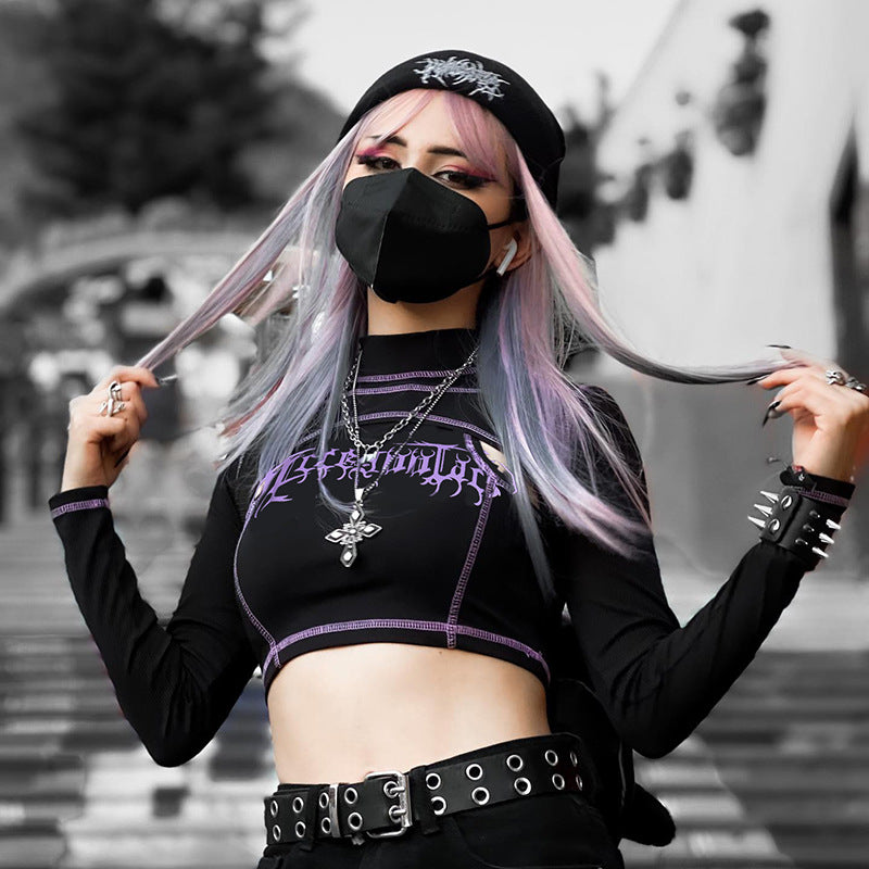 Punk Style Black Long Sleeve Fake Two Piece Crop Top YL22073