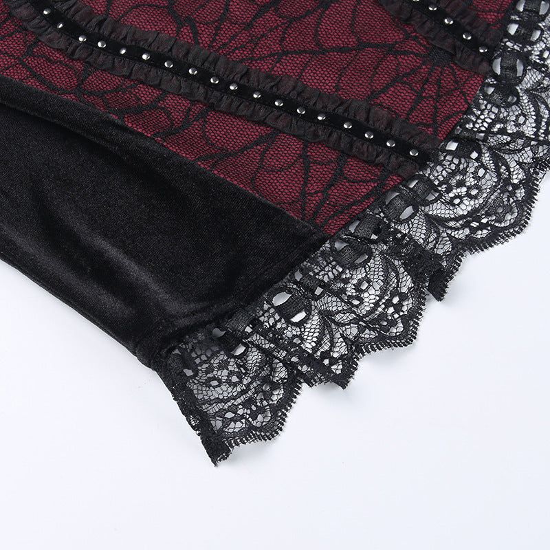 Gothic Style Black & Red Spider Web Cross Strap Top CF22183