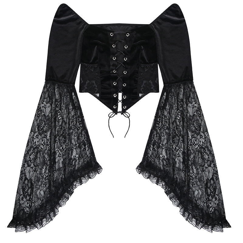 Black Gothic Lace Long Sleeve Corset Crop Top JY22491