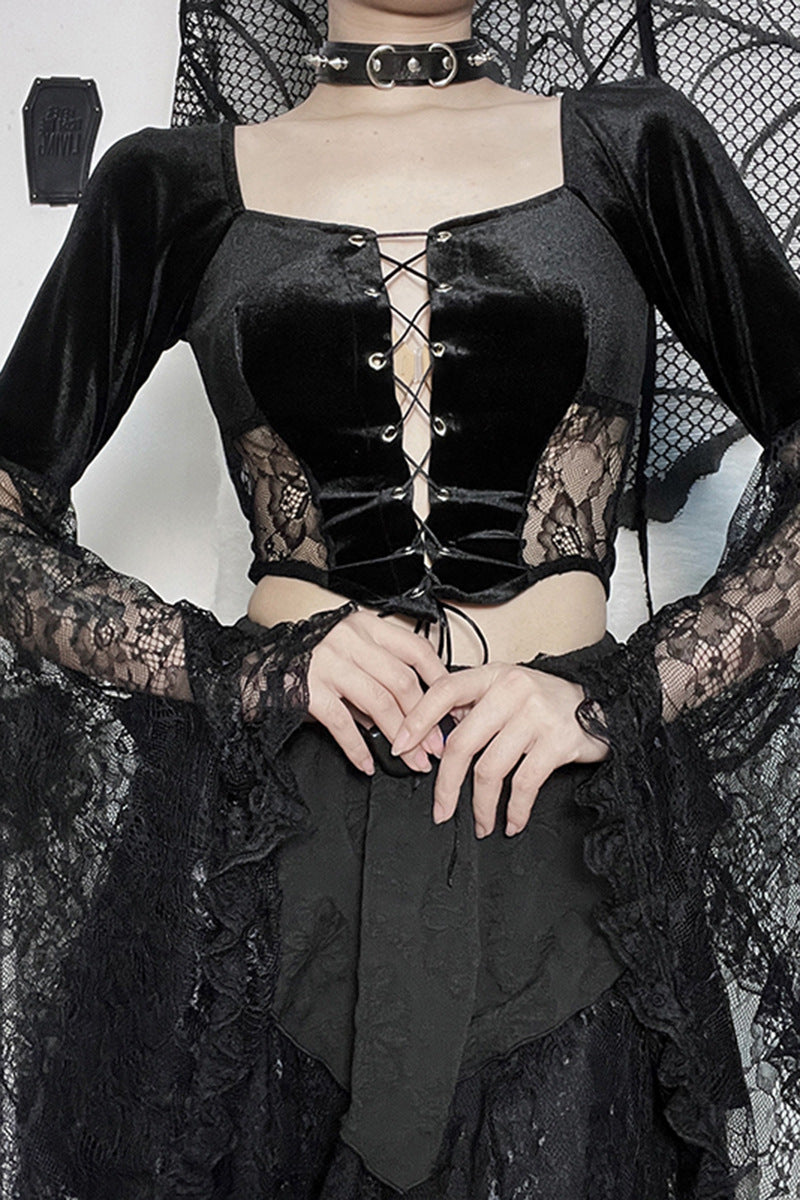 Black Gothic Lace Long Sleeve Corset Crop Top JY22491
