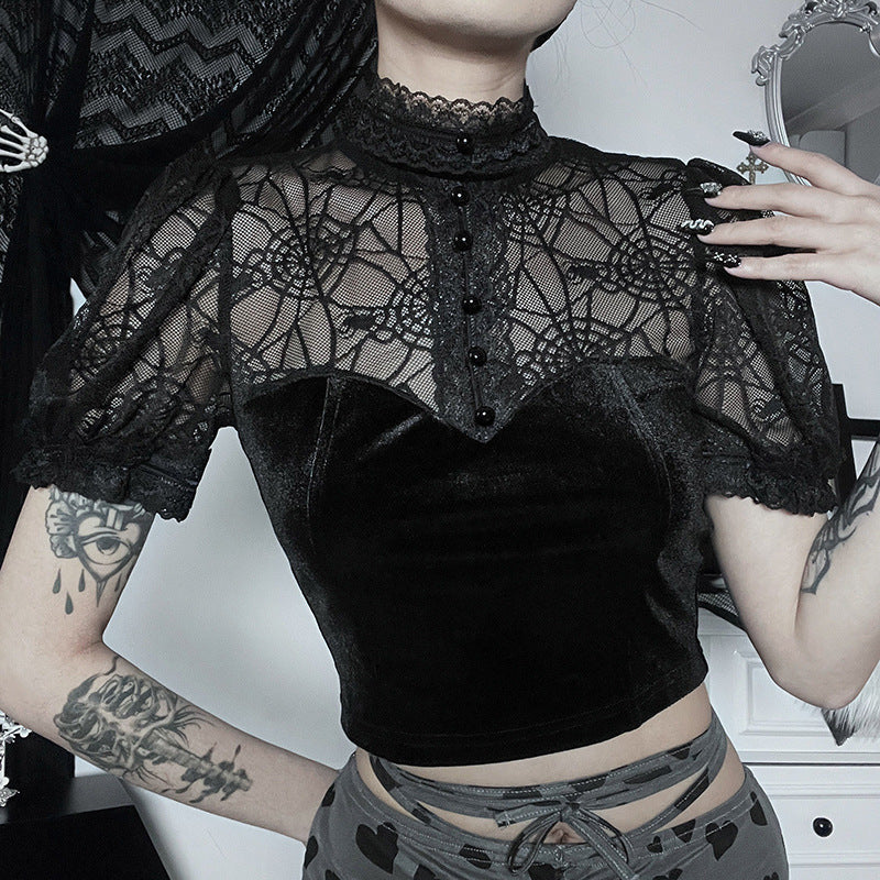 Gothic Spider Web Short Sleeve Crop Top CF23024