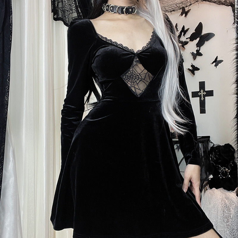 Gothic Style Velvet Spider Web Long Sleeve Dress JY22298